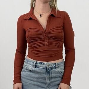 Urban Outfitters Burnt Orange Ruched Ribbed Long Sleeve Cropped Henley Blouse